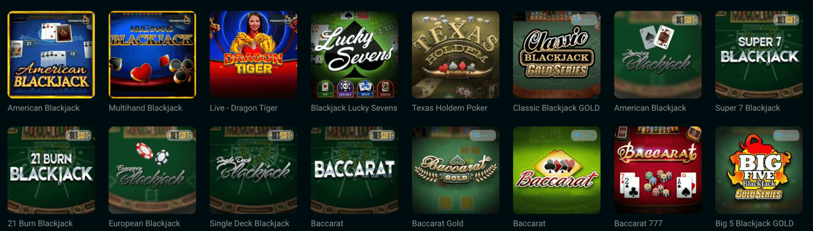 Скріншот доступних настільних ігор онлайн казино GG.BET